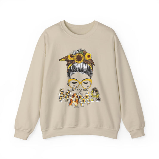 "Blessed Mama" Sunflower Messy Bun Graphic Crewneck