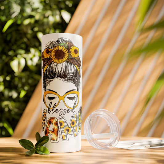 20oz Skinny Tumbler — 'Blessed Mom' Sunflower Messy Bun Design with Straw