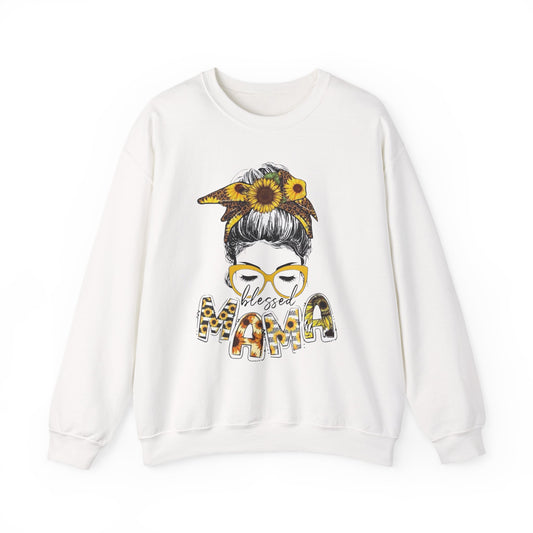 "Blessed Mama" Sunflower Messy Bun Graphic Crewneck