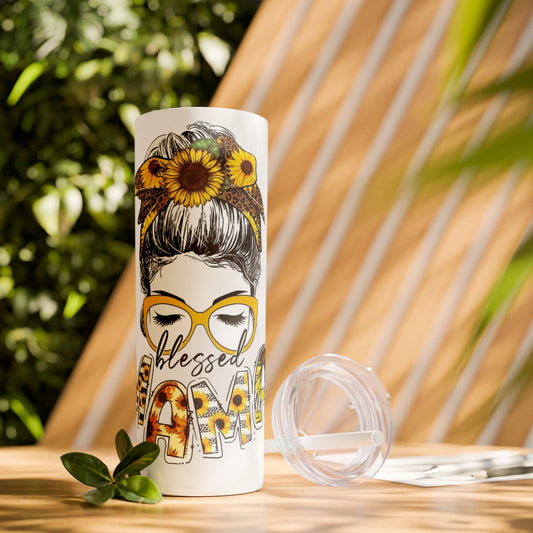 20oz Skinny Tumbler — 'Blessed Mom' Sunflower Messy Bun Design with Straw